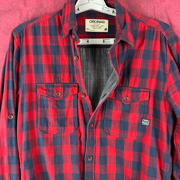 ORIGINALS BY JACK & JONES MEN'S FLANEL LONG SLEEVE PLAID SHIRT RED & BLACK "S" - Picture 5 of 14